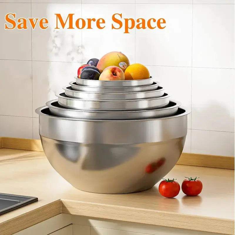 Ecomify 6-Piece Stainless Steel Mixing Bowl Set with Lids and Grinder Attachments - Airtight Kitchen Storage and Tableware Organizer for Cooking and Baking
