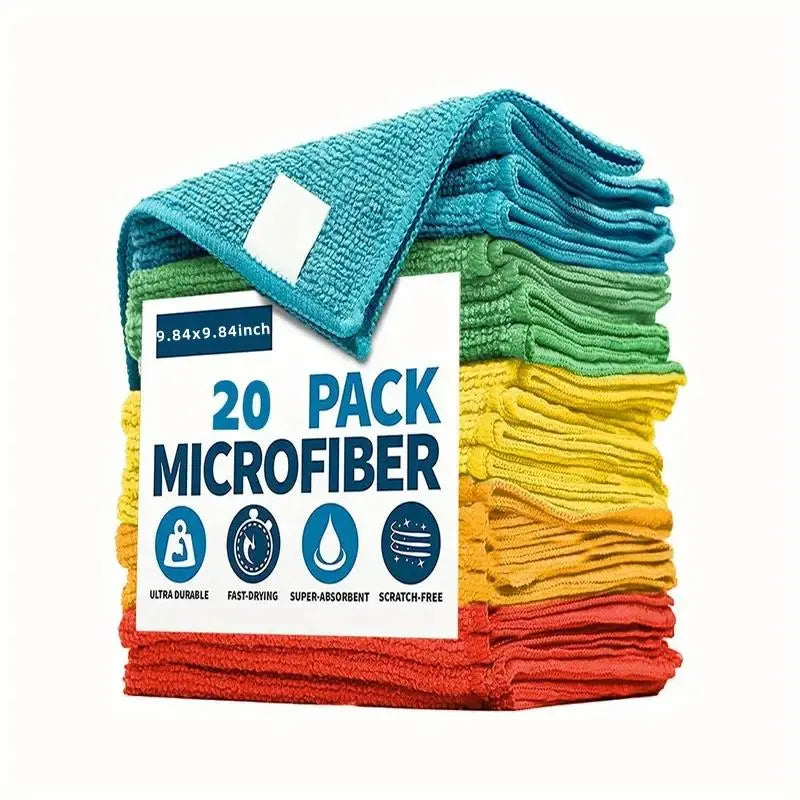 Microfiber Cleaning Cloths - Multi-Color Pack (Available in 5, 10, 20, or 50 Pieces, 9.84 x 9.84 Inches) - Quick-Dry, Scratch-Free, Durable for Kitchen and Bathroom Cleaning on Indoor Surfaces