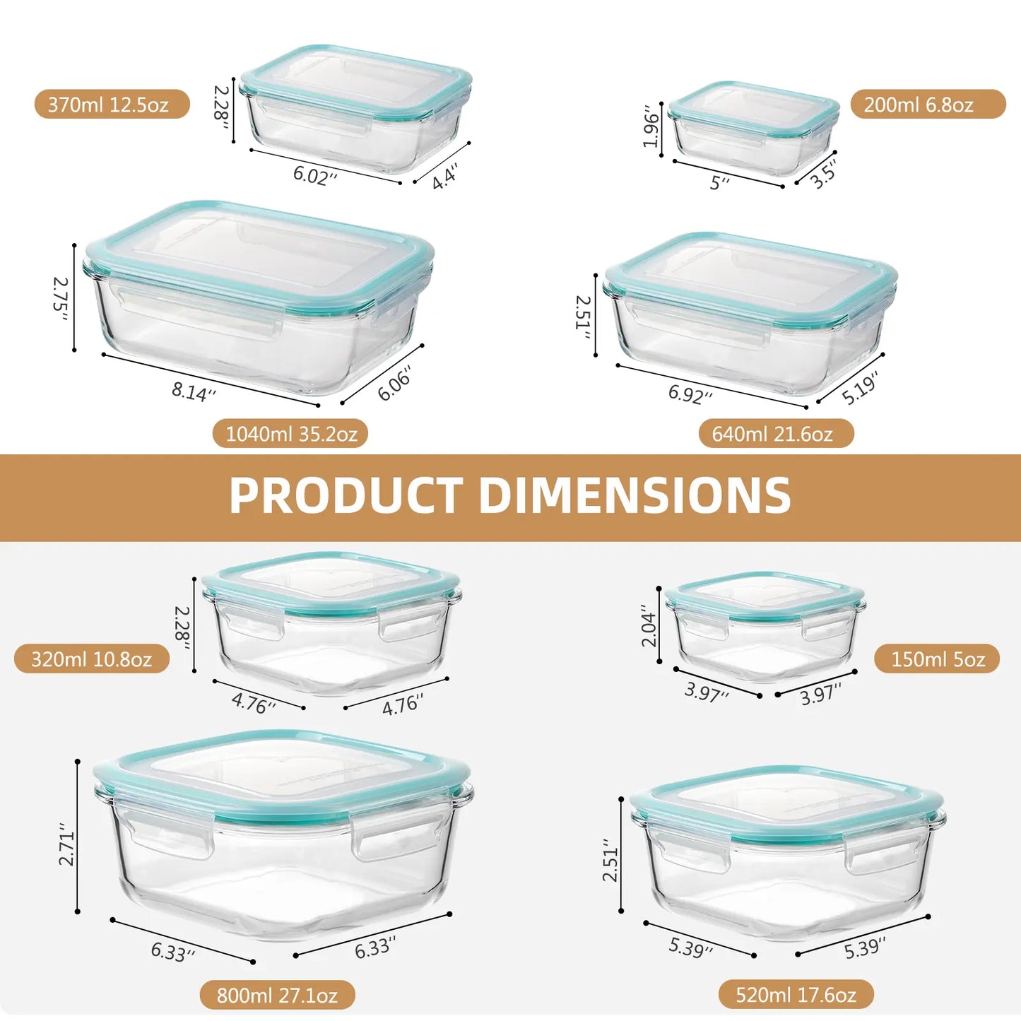 8-Pack Multi-Size Rectangular Glass Food Storage Containers with Airtight, Leakproof Lids - BPA-Free, Suitable for Microwave, Oven, Freezer, and Dishwasher Use