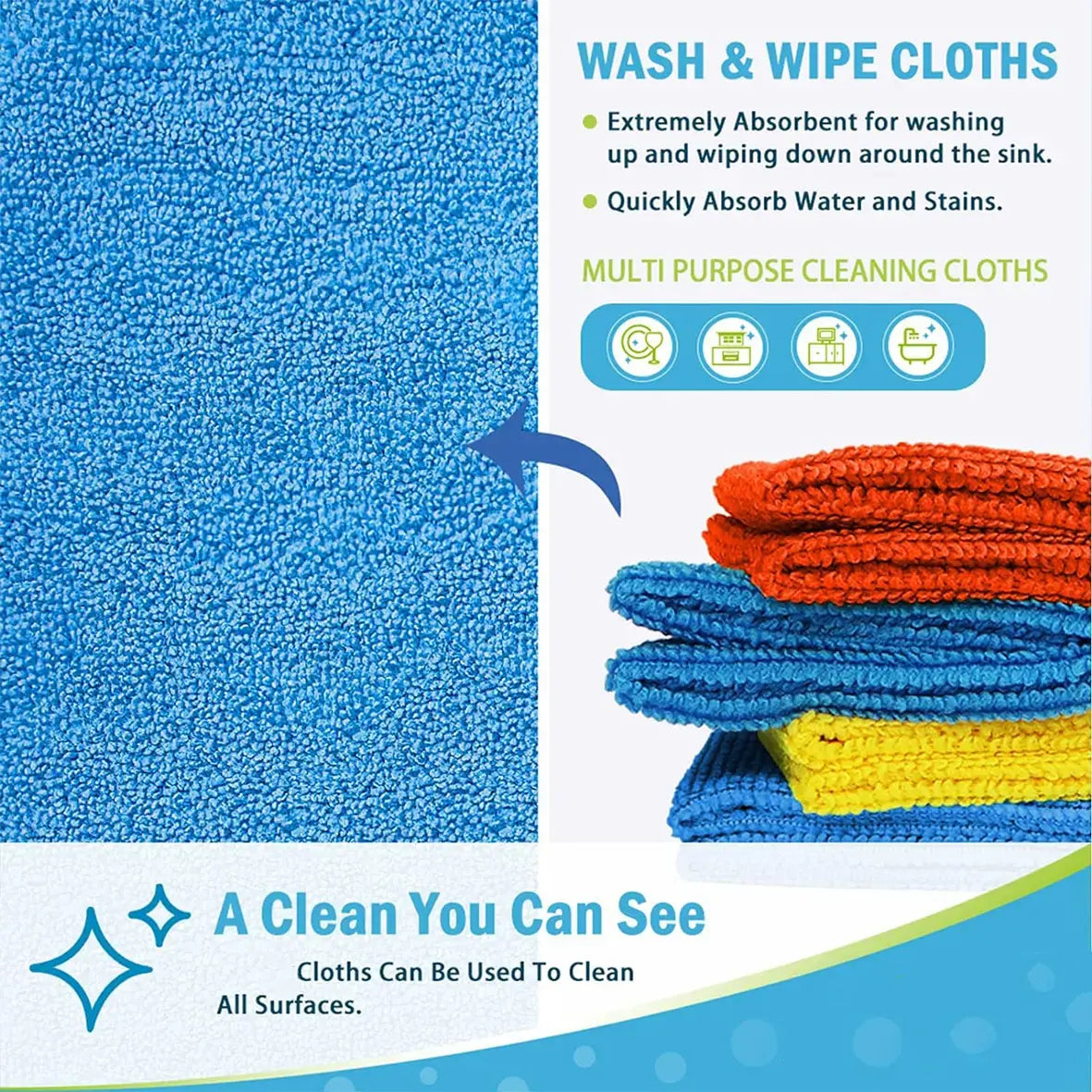 Microfiber Cleaning Cloths - Multi-Color Pack (Available in 5, 10, 20, or 50 Pieces, 9.84 x 9.84 Inches) - Quick-Dry, Scratch-Free, Durable for Kitchen and Bathroom Cleaning on Indoor Surfaces
