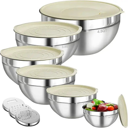 Ecomify 6-Piece Stainless Steel Mixing Bowl Set with Lids and Grinder Attachments - Airtight Kitchen Storage and Tableware Organizer for Cooking and Baking
