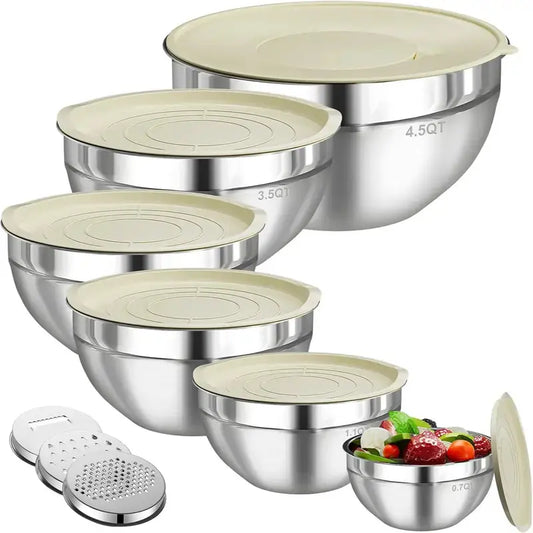 Ecomify 6-Piece Stainless Steel Mixing Bowl Set with Lids and Grinder Attachments - Airtight Kitchen Storage and Tableware Organizer for Cooking and Baking