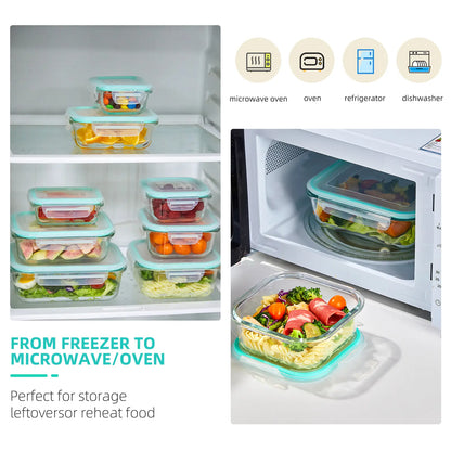 8-Pack Multi-Size Rectangular Glass Food Storage Containers with Airtight, Leakproof Lids - BPA-Free, Suitable for Microwave, Oven, Freezer, and Dishwasher Use