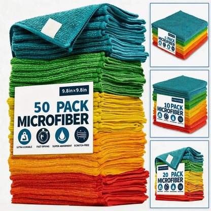 Microfiber Cleaning Cloths - Multi-Color Pack (Available in 5, 10, 20, or 50 Pieces, 9.84 x 9.84 Inches) - Quick-Dry, Scratch-Free, Durable for Kitchen and Bathroom Cleaning on Indoor Surfaces