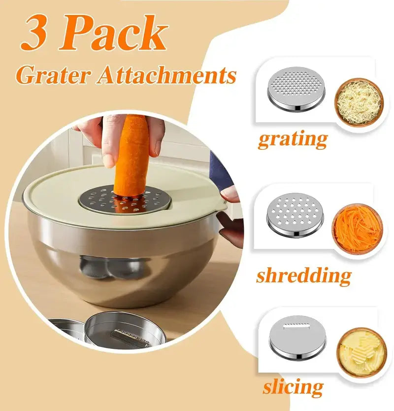 Ecomify 6-Piece Stainless Steel Mixing Bowl Set with Lids and Grinder Attachments - Airtight Kitchen Storage and Tableware Organizer for Cooking and Baking
