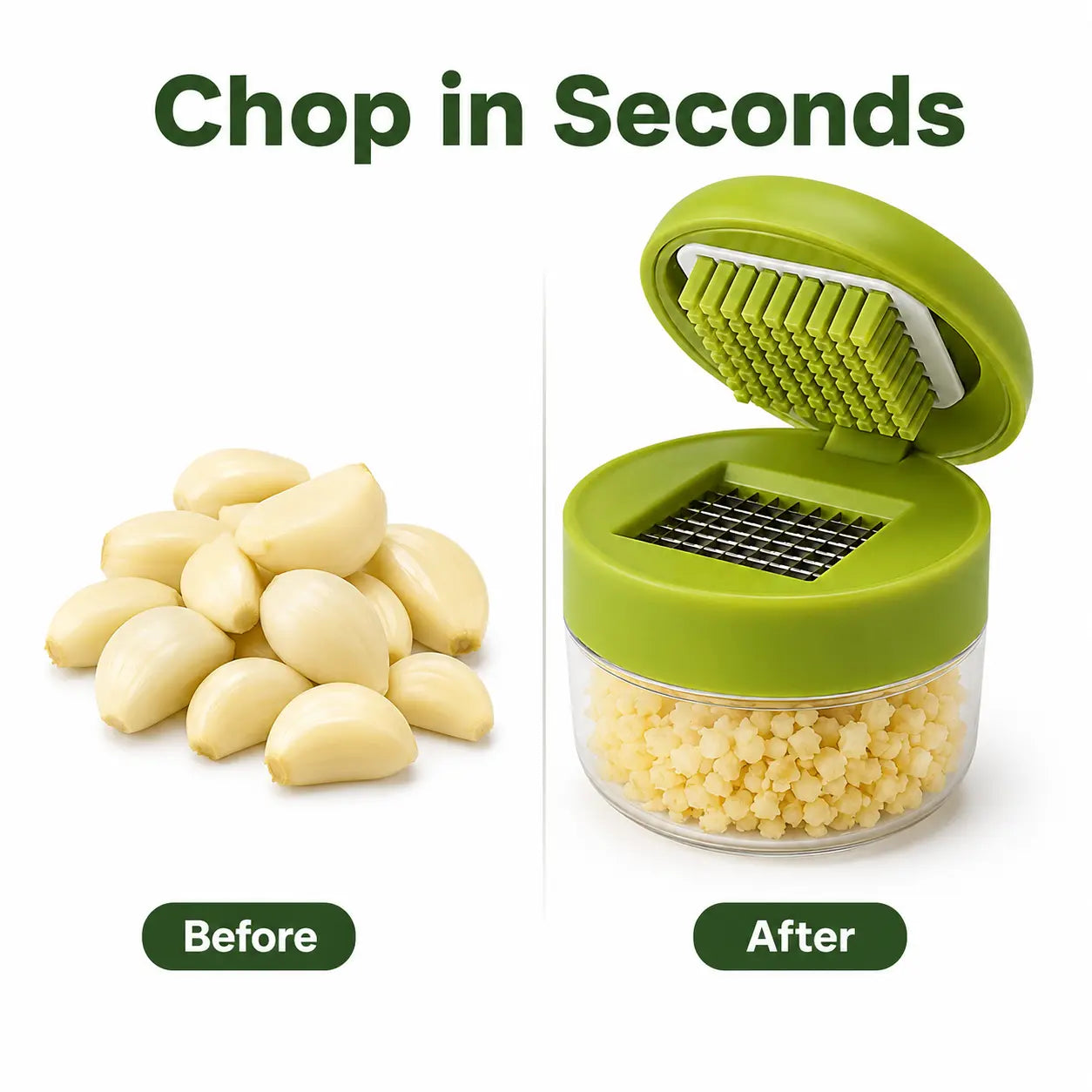 Manual Garlic Chopper with Stainless Steel Blades and Clear Collection Cup, Compact Kitchen Mincer for Garlic, Ginger, Onion, and Chili, Easy-Press Food Preparation Tool, Green