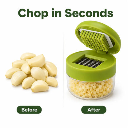 Manual Garlic Chopper with Stainless Steel Blades and Clear Collection Cup, Compact Kitchen Mincer for Garlic, Ginger, Onion, and Chili, Easy-Press Food Preparation Tool, Green