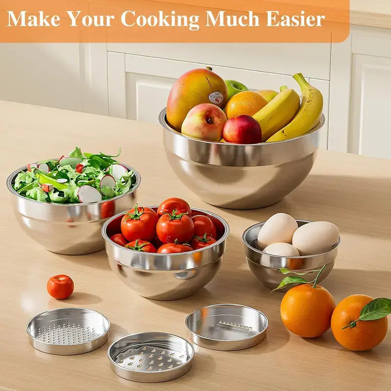 Ecomify 6-Piece Stainless Steel Mixing Bowl Set with Lids and Grinder Attachments - Airtight Kitchen Storage and Tableware Organizer for Cooking and Baking
