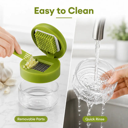 Manual Garlic Chopper with Stainless Steel Blades and Clear Collection Cup, Compact Kitchen Mincer for Garlic, Ginger, Onion, and Chili, Easy-Press Food Preparation Tool, Green