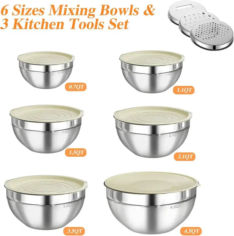 Ecomify 6-Piece Stainless Steel Mixing Bowl Set with Lids and Grinder Attachments - Airtight Kitchen Storage and Tableware Organizer for Cooking and Baking