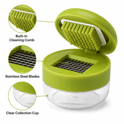 Manual Garlic Chopper with Stainless Steel Blades and Clear Collection Cup, Compact Kitchen Mincer for Garlic, Ginger, Onion, and Chili, Easy-Press Food Preparation Tool, Green