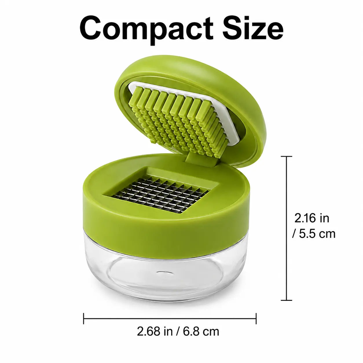 Manual Garlic Chopper with Stainless Steel Blades and Clear Collection Cup, Compact Kitchen Mincer for Garlic, Ginger, Onion, and Chili, Easy-Press Food Preparation Tool, Green