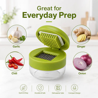 Manual Garlic Chopper with Stainless Steel Blades and Clear Collection Cup, Compact Kitchen Mincer for Garlic, Ginger, Onion, and Chili, Easy-Press Food Preparation Tool, Green
