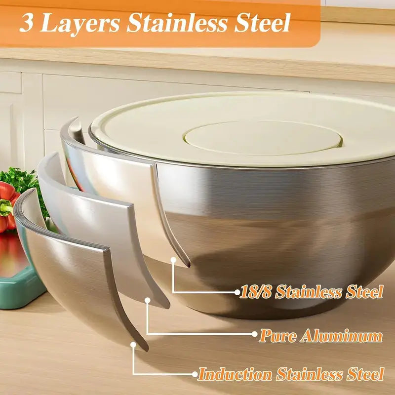 Ecomify 6-Piece Stainless Steel Mixing Bowl Set with Lids and Grinder Attachments - Airtight Kitchen Storage and Tableware Organizer for Cooking and Baking