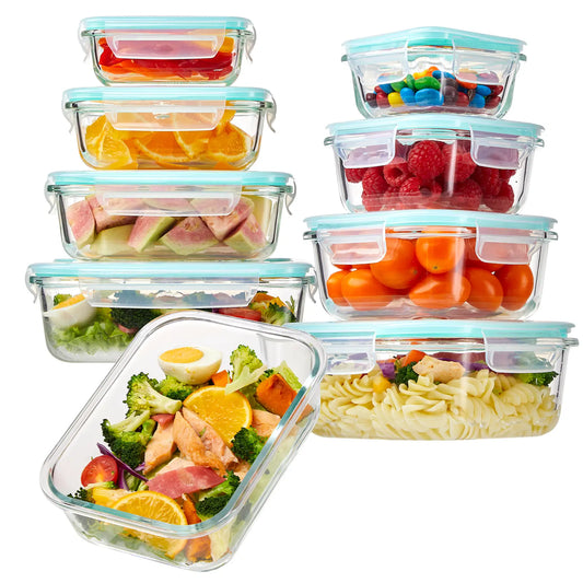 8-Pack Multi-Size Rectangular Glass Food Storage Containers with Airtight, Leakproof Lids - BPA-Free, Suitable for Microwave, Oven, Freezer, and Dishwasher Use