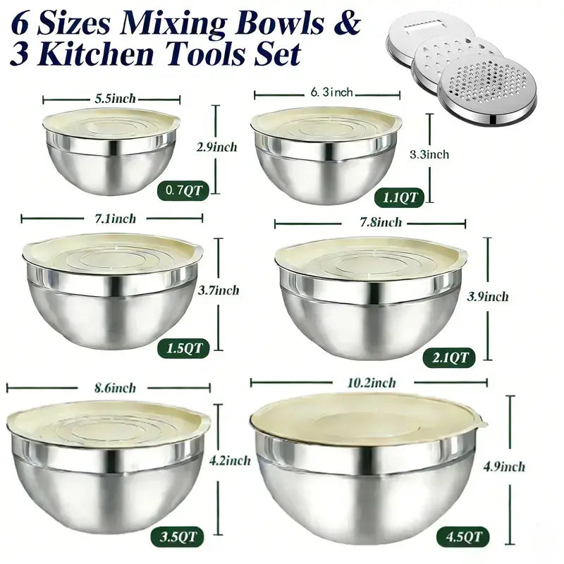 Ecomify 6-Piece Stainless Steel Mixing Bowl Set with Lids and Grinder Attachments - Airtight Kitchen Storage and Tableware Organizer for Cooking and Baking