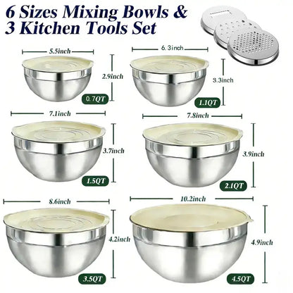 Ecomify 6-Piece Stainless Steel Mixing Bowl Set with Lids and Grinder Attachments - Airtight Kitchen Storage and Tableware Organizer for Cooking and Baking