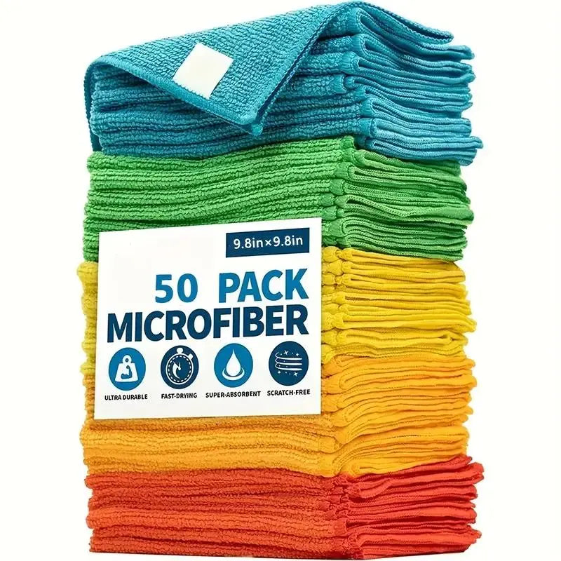 Microfiber Cleaning Cloths - Multi-Color Pack (Available in 5, 10, 20, or 50 Pieces, 9.84 x 9.84 Inches) - Quick-Dry, Scratch-Free, Durable for Kitchen and Bathroom Cleaning on Indoor Surfaces