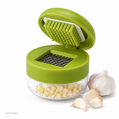 Manual Garlic Chopper with Stainless Steel Blades and Clear Collection Cup, Compact Kitchen Mincer for Garlic, Ginger, Onion, and Chili, Easy-Press Food Preparation Tool, Green
